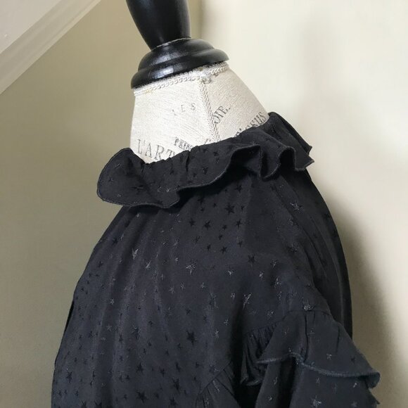 KOCH Popover Ruffle Blouse Top Shirt Womens XS Black Short Sleeve Button Front - Picture 9 of 11